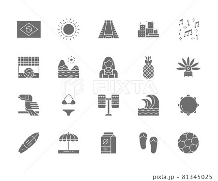 Set of Brazilian Culture Grey Icons. Tropical Fruits, Beach Landscape, Toucan, Sun, Ancient Pyramid, Percussion, Surfboard, Soccer and more. Set of Brazilian Culture Grey Icons. Tropical Fruits, Beach Landscape, Toucan, Sun, Ancient Pyramid, Percussion, Surfboard, Soccer and more. 81345025