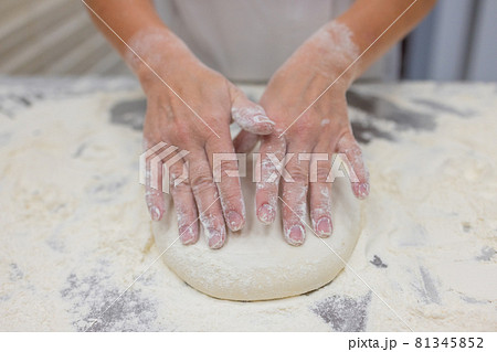 Close up of woman Kneading Pizza Dough. 81345852
