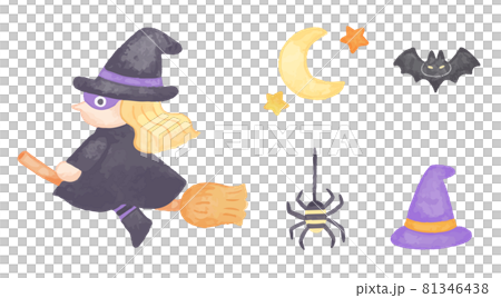 色鉛筆で手描き風 ハロウィン ほうきに乗った魔女イラストセットのイラスト素材