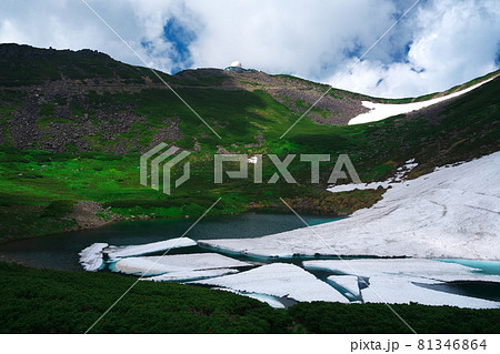 夏の乗鞍岳 万年雪の不消ヶ池とコロナ観測所のある摩利支天岳 夏の乗鞍岳 万年雪の不消ヶ池とコロナ観測所のある摩利支天岳 81346864