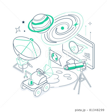 Uncharted planets- isometric black and green line illustration 81348299