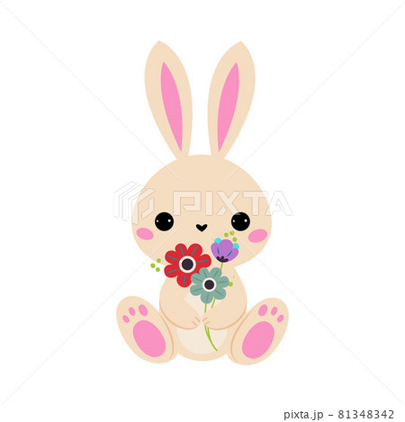 Cute Hare Animal Holding Flower on Stalk with Paws Vector Illustration Cute Hare Animal Holding Flower on Stalk with Paws Vector Illustration 81348342