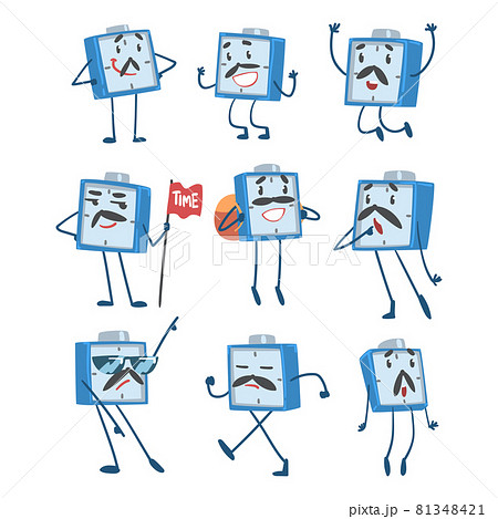 Blue Alarm Clock Character with Funny Face Expression Vector Set 81348421