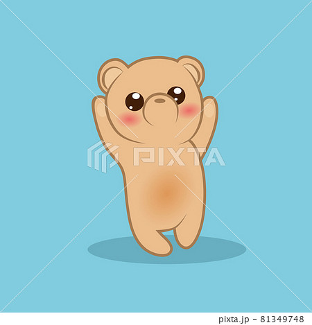 Little cute bear cub pulls paws up isolated on a blue background 81349748