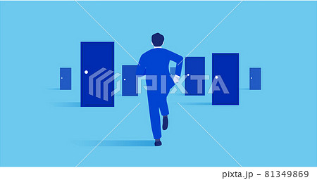 ドアに向かって走るビジネスマン、チャレンジのコンセプトイメージ、ベクター 81349869