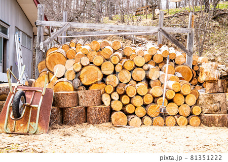 長野県の山小屋　マナスル山荘にあった薪にする前の木材 81351222