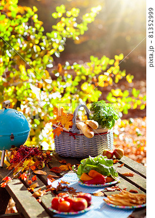 Picnic in autumn park. Family fall barbeque party. Picnic in autumn park. Family fall barbeque party. 81352999