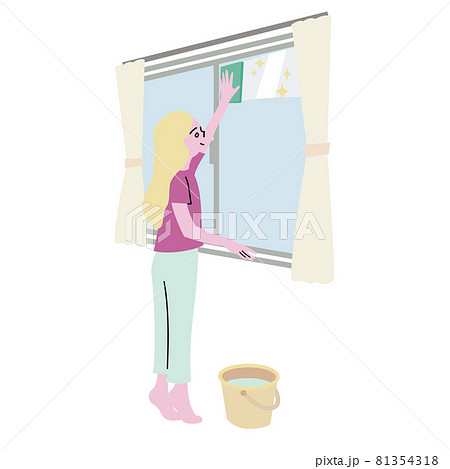 背伸びをしながら窓掃除をする女性の人物イラスト 背伸びをしながら窓掃除をする女性の人物イラスト 81354318