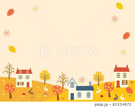 紅葉やキノコのある丘の秋をイメージした野原のイラストのイラスト素材