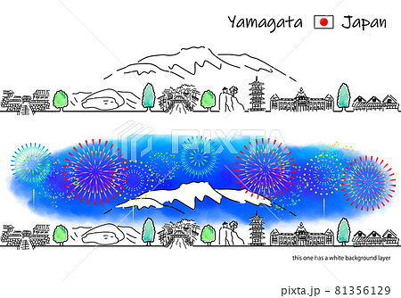 山形県の観光地の街並みと花火のシンプル線画セット 81356129