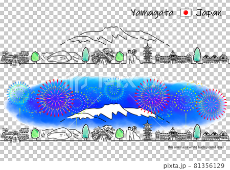 山形県の観光地の街並みと花火のシンプル線画セット 81356129
