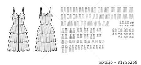 Set of Denim clothes - overall dresses, pants, jeans, coats, shorts, tops technical fashion illustration with full knee Set of Denim clothes - overall dresses, pants, jeans, coats, shorts, tops technical fashion illustration with full knee 81356269
