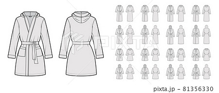 Set of Hooded Bathrobes Dressing gowns technical fashion illustration with wrap opening, mini knee length, tie, pockets Set of Hooded Bathrobes Dressing gowns technical fashion illustration with wrap opening, mini knee length, tie, pockets 81356330
