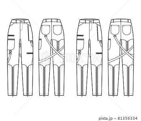 Set of Bondage pants technical fashion illustration with normal low waist, high rise, pockets, belt loops, full lengths. Set of Bondage pants technical fashion illustration with normal low waist, high rise, pockets, belt loops, full lengths. 81356334