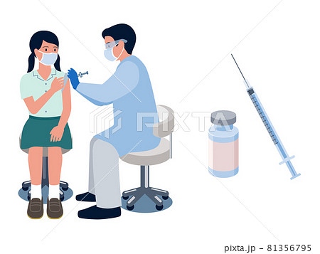 ワクチン接種を受ける女子学生とワクチンの注射を打つ医者のベクターイラスト 81356795