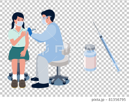 ワクチン接種を受ける女子学生とワクチンの注射を打つ医者のベクターイラスト 81356795