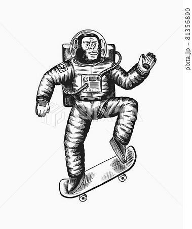 Monkey astronaut rides a skateboard. Chimpanzee soars on the board. Spaceman cosmonaut character 81356890