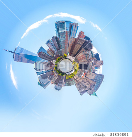 Skyline sphere panorama of downtown Financial District and the Lower Manhattan in New York City, USA. mini planet style 81356891