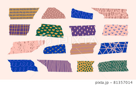 Washi Tape Pieces Set with Different Hand Draw Patterns in Contemporary Style. Vector Torn Colourful Paper Washi Tape Pieces Set with Different Hand Draw Patterns in Contemporary Style. Vector Torn Colourful Paper 81357014