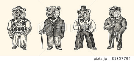 Bear in vintage costume with beer. Fashion animal character in tweed jacket. Hand drawn sketch Bear in vintage costume with beer. Fashion animal character in tweed jacket. Hand drawn sketch 81357794