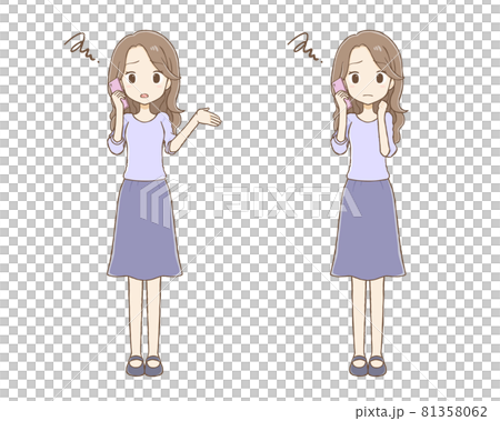 携帯電話で会話するロングヘア女性　あきれる、困った顔（全身） 81358062