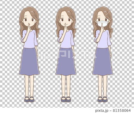 口に指をあてるロングヘア女性 お静かにのポーズ3種類のイラスト素材 口に指をあてるロングヘア女性 お静かにのポーズ3種類のイラスト素材