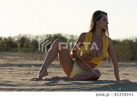 Confident young sensual lady resting on sandy seashore in sunlight 81358341