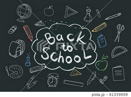 Back to school lettering with hand drawn school elements doodle on blackboard concept Back to school lettering with hand drawn school elements doodle on blackboard concept 81359009