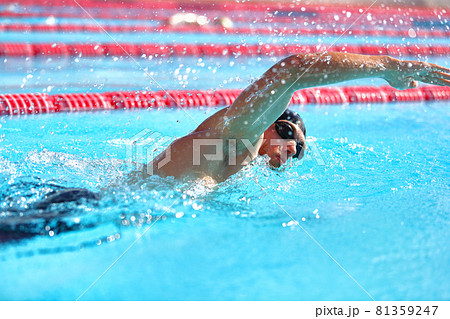 Triathlon fitness athlete man training cardio swimming in outdoor pool at stadium. Swimmer man swmming in blue water . Sport and fitness exercise Triathlon fitness athlete man training cardio swimming in outdoor pool at stadium. Swimmer man swmming in blue water . Sport and fitness exercise 81359247