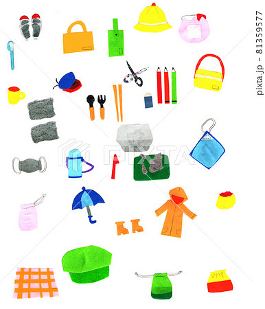 保育用品 幼稚園の用品コラージュアイコンカットのイラスト素材