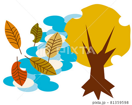 水辺の色づいた樹木と落ち葉のイラスト素材