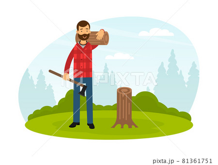 Bearded Man Lumberjack in Red Checkered Shirt Carrying Lumber and Wood Chopper Vector Illustration 81361751