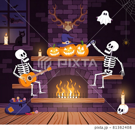 Halloween party room with pumpkins and skeletons Halloween party room with pumpkins and skeletons 81362408