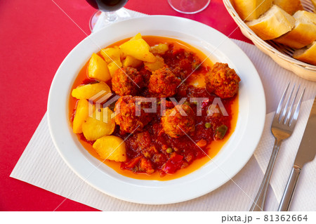 Albondigas, hot stew tomato soup with meatballs Albondigas, hot stew tomato soup with meatballs 81362664