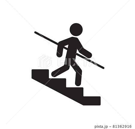 A man goes down the stairs and holds on to the handrail. Caution stairway Use Handrails symbol. Icon warning of danger. Vector illustration isolated on white background 81362916
