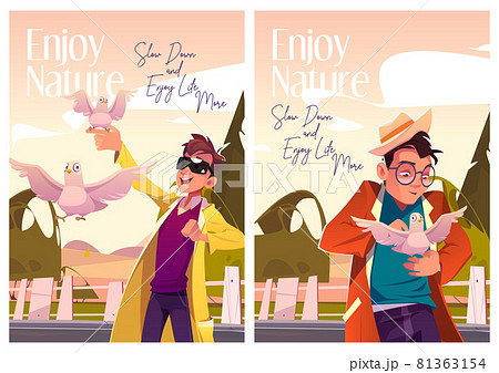 Enjoy nature cartoon posters. Good men holding white doves on hand, feed or playing with birds outdoors. Happy male character enjoying communication and friendship with pigeons, Vector illustration Enjoy nature cartoon posters. Good men holding white doves on hand, feed or playing with birds outdoors. Happy male character enjoying communication and friendship with pigeons, Vector illustration 81363154