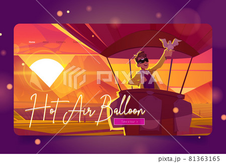Hot air balloon travel cartoon landing page. Happy man tourist with dove on hand flying in sunset sky scenery landscape, adventure, flight, aerial tourism festival recreation, Vector web banner Hot air balloon travel cartoon landing page. Happy man tourist with dove on hand flying in sunset sky scenery landscape, adventure, flight, aerial tourism festival recreation, Vector web banner 81363165