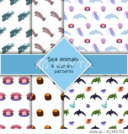 Set with six sea animal seamless pattern with killer whale, turtle and dolphin, jellyfish seahell with pearl. Undersea world habitants print. Hand drawn underwater life collection. 81365702