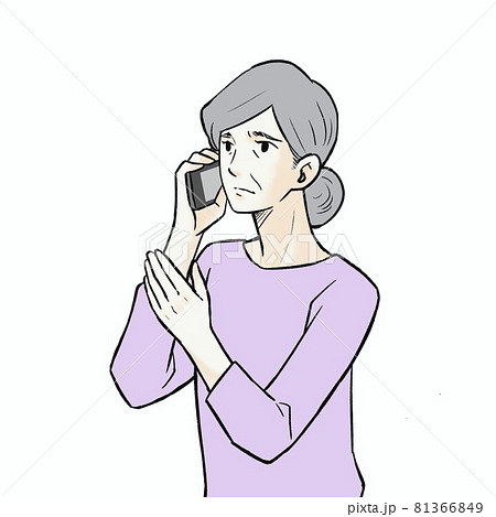 心配そうに電話するシニアの女性イラストのイラスト素材