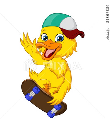 Happy Little Yellow Duck Playing Skateboardのイラスト素材