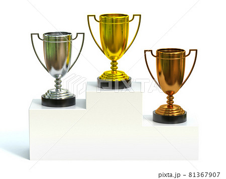 Golden, silver and bronce trophies on  champion podium, first, second and third prize 3d rendering 81367907