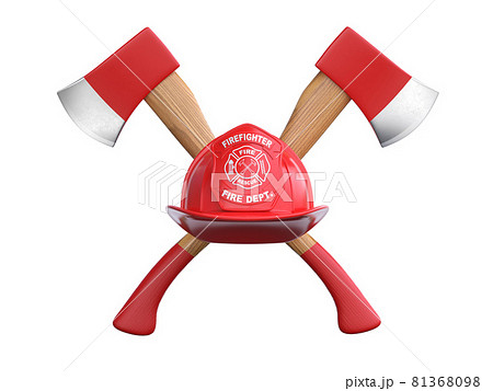 Firefighter helmet and crossed axes coat of arms 3d rendering 81368098