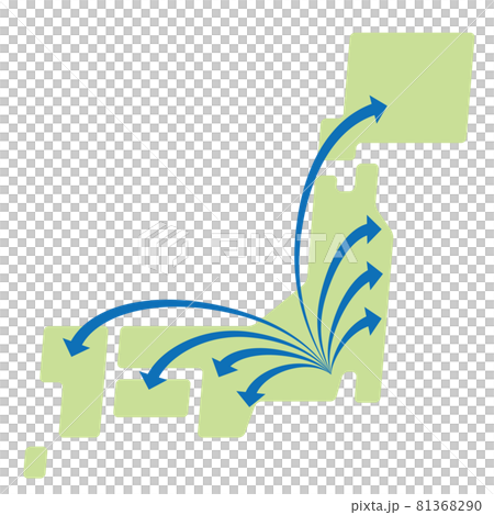 全国展開のイメージの日本地図と矢印のイラスト 白背景のイラスト素材