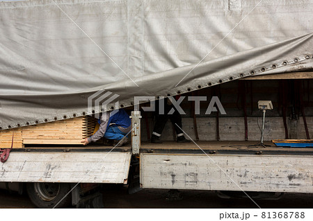 The tractor loads boards, lumber from the finished product warehouse into the container of the truck The tractor loads boards, lumber from the finished product warehouse into the container of the truck 81368788