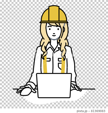 デスクで座ってPCを使っている工事現場の女性 デスクで座ってPCを使っている工事現場の女性 81369083