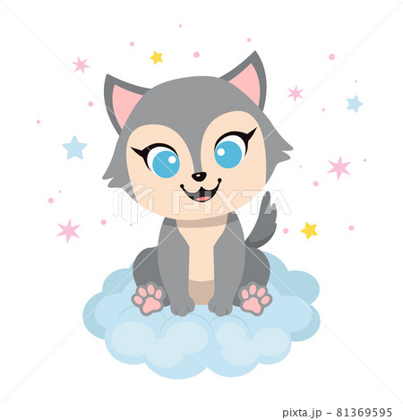 Cute little dog sitting on the cloud. Flat vector cartoon illustration 81369595