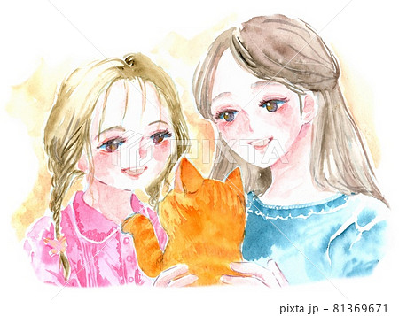 猫と姉妹/水彩 81369671