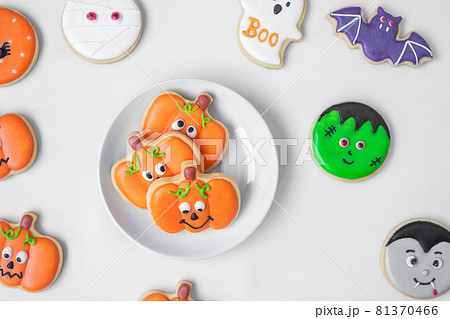 Happy Halloween with funny Cookies; Pumpkin, scary ghost, spooky mummy, bat, frankenstein, dracula and spider. Trick or Threat, Hello October, fall autumn, Traditional, party and holiday concept Happy Halloween with funny Cookies; Pumpkin, scary ghost, spooky mummy, bat, frankenstein, dracula and spider. Trick or Threat, Hello October, fall autumn, Traditional, party and holiday concept 81370466