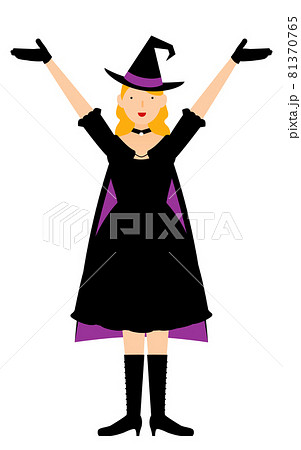 ハロウィンの仮装 魔女姿の女性が両腕を上げるポーズのイラスト素材