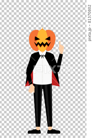ハロウィンの仮装、カボチャのお化け姿の男の子が指さしをするポーズ 81370802
